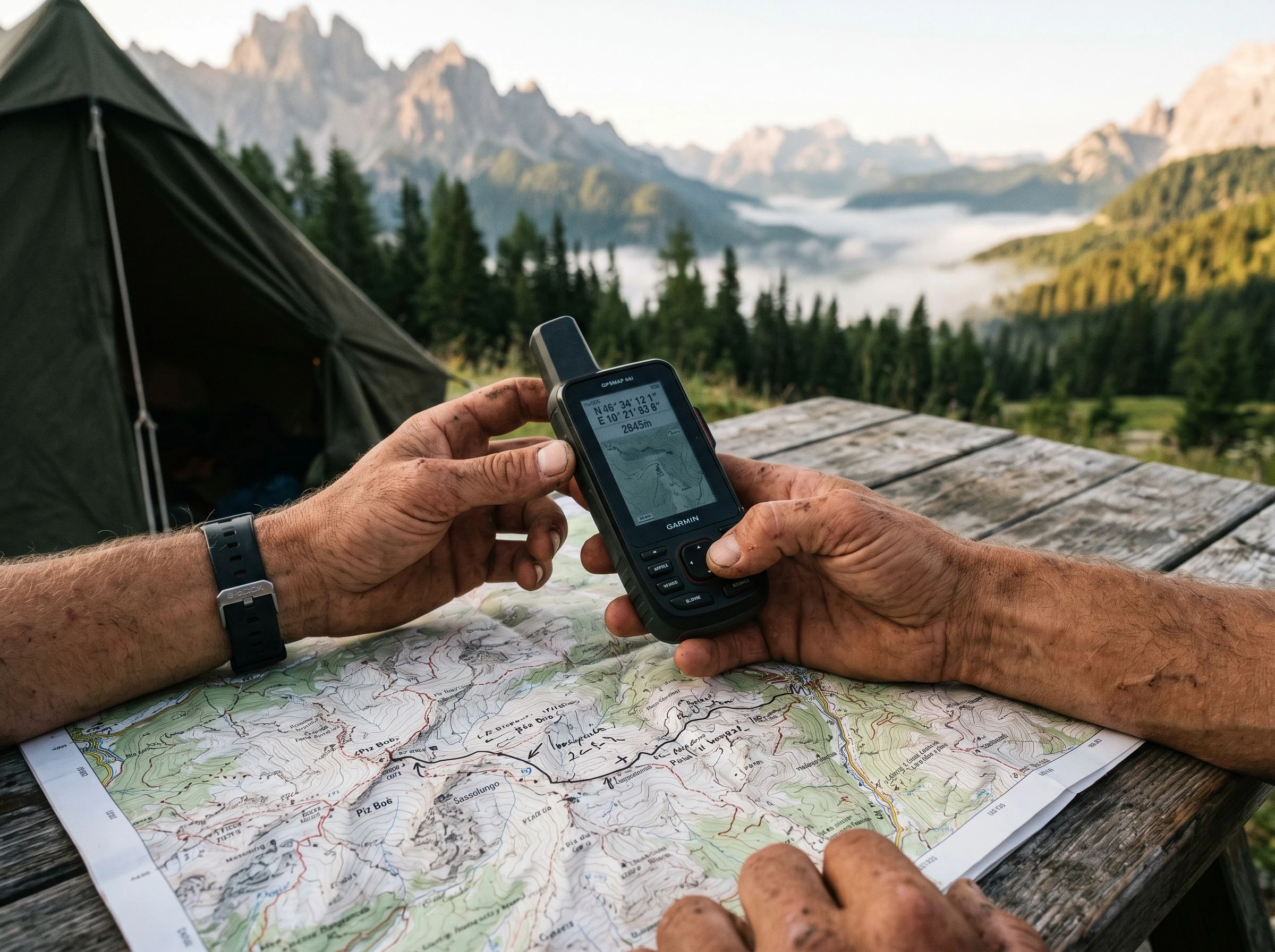 Руки держат GPS-навигатор Garmin на фоне развёрнутой топографической карты
